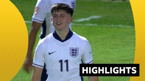 Mikey Moore celebrates after scoring his second goal for England against France at U17 Euros