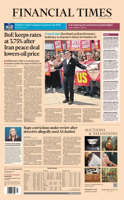 The headline on the front page of the Financial Times reads: “BoE keeps rates at 3.75% after Iran peace deal lowers oil price”.