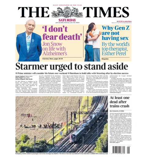 The headline on the front page of the Times reads: "Starmer urged to stand aside."