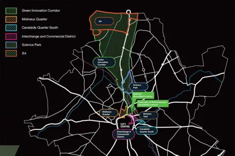 Invest Wolverhampton A map showing the sites linked by the corridor along Stafford Road, from the Interchange and Commercial District and Molineux Quarter to the south, to the i54 site in the north. 
