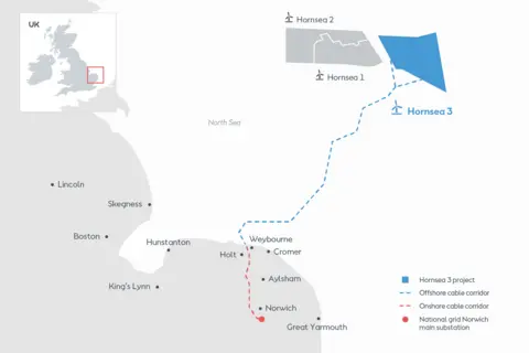 Orsted A map of the Norfolk and Yorkshire coast. A red dotted line stretches from Swardeston to Weybourne. A blue dotted line that continues from Weybourne to the Hornsea Three development in the North Sea.