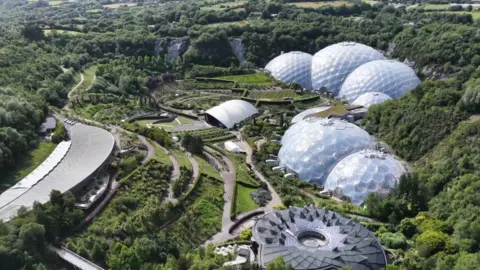 An aerial view of the eden Project's large biomes.