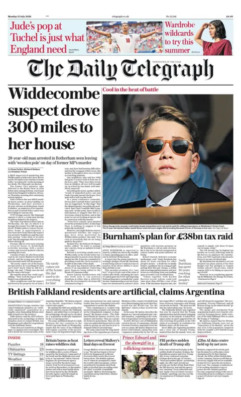 "Widdecombe suspect drove 300 miles to her house" reads the headline on the front page of the Daily Telegraph.