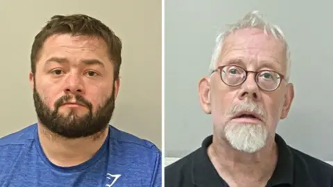 Matthew Isherwood (left) and Kevin Dawson's mugshots. Isherwood has short dark hair and a beard nd is wearing a blue tshirt and Dawson has short white hair, a goatee and glasses. He is wearing a black polo shirt