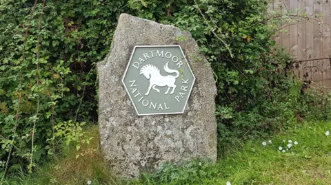 A granite stone in a hedge with a hexagonal Dartmoor National Park sign.