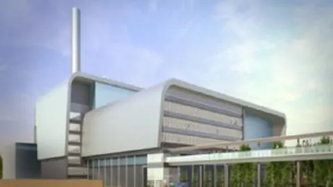 An artist's impression of how the North Lincolnshire Green Energy Park will look. It shows a large grey industrial building with a tall chimney. 