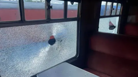 East Lancashire Railway Smashed window in train carriage