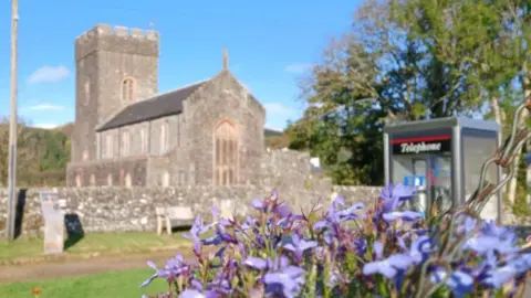 Derek Adams A simple stone-built church showing nave and tower. There is a stone wall in front of the church, with trees to the right of the building. There is a modern telephone kiosk near the camera, and some bluebells in the foreground.