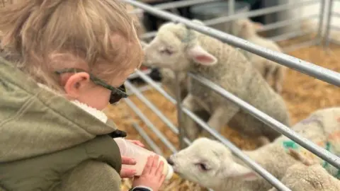 A young girl with blonde hair, wearing sunglasses, bottle-feeding a white lamb, which is poking its head through a metal fence.