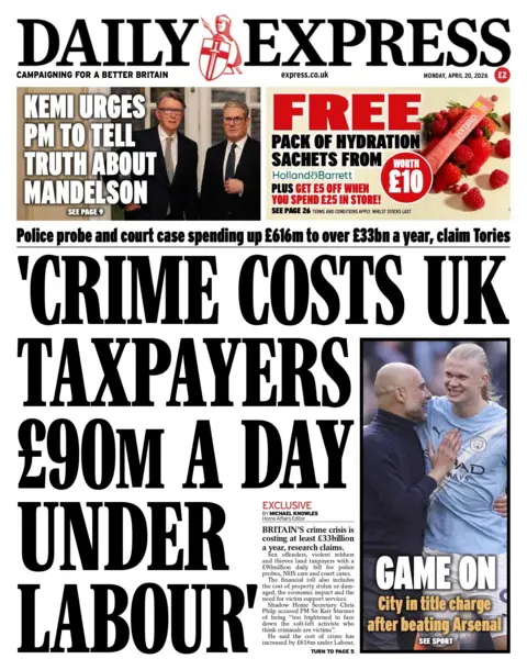 "'Crime costs UK taxpayers £90m a day under Labour" reads the headline on the front page of the Daily Express.