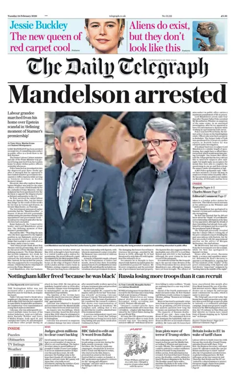 The headline on the front page of the Daily Telegraph reads: "Mandelson arrested."
