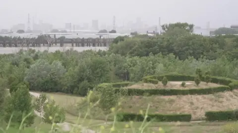 BBC In the distance, is the River Thames. There is a mound with hedges on in the foreground and some trees.