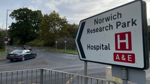 A road sign for Norwich Research Park and Hospital