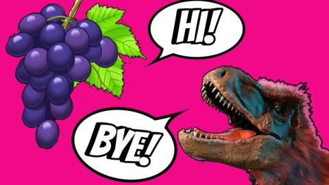 A picture of grapes saying 'hi' in a speech bubble and a dinosaur saying 'bye' in a speech bubble.