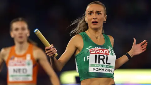 Sharlene Mawdsley looks shock after anchoring Ireland to victory in the 4x400m mixed relay at the European Championships in Rome