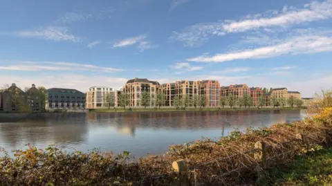 Reselton Properties Limited/Squire and Partners A CGI showing multiple proposed brick buildings as seen from the opposite river bank of the Thames