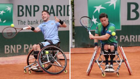 Alfie Hewett and Gordon Reid in wheelchair tennis action on clay