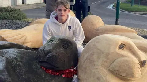 Redcar and Cleveland Council Oliver is crouched in the middle of Coatham roundabout surrounded by the three new seal sculptures and the only remaining original seal. Red tinsel is surrounding the oldest seal's neck.