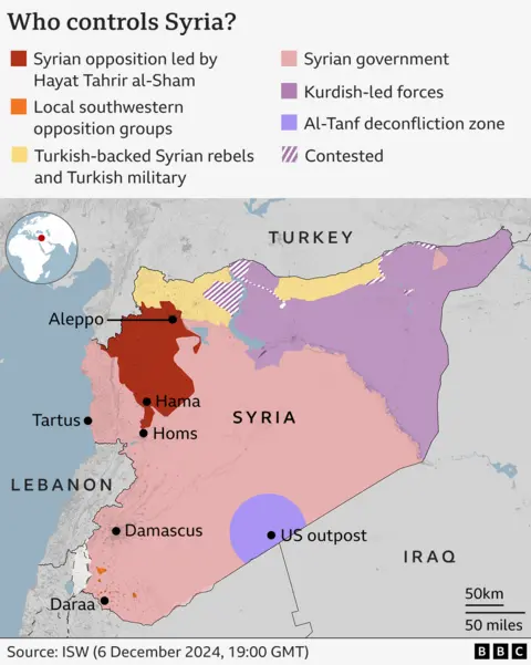 A map showing who controls various areas of Syria. The Syrian government controls the largest area, covering Damascus and the south as well as the coast and the centre of the country. The Syrian opposition forces, led by Hayat Tahrir al-Sham, now control a growing area from Idlib and Aleppo in the north down to near Homs. The northeast of the country is controlled by Kurdish-led forces and there are also areas along the northern border with Turkey that are controlled by Turkish-backed Syrian rebels and the Turkish military.