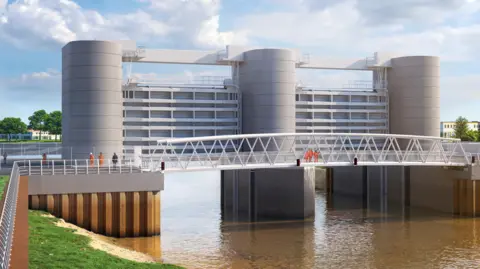 Illustration of the Bridgwater Tidal Barrier which includes three large pillars, two gates and a pedestrian walkway