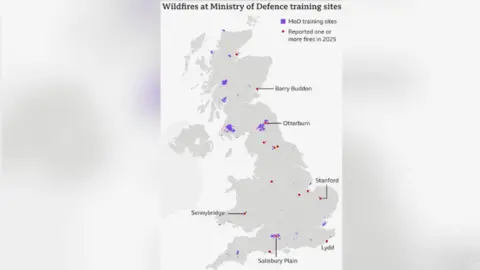 A grey map of the UK featuring pin points on MOD sites where one or more wildfires occurred in 2025.