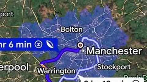 Google Maps Map of the north-west of England, with  Greater Manchester highlighted in blue to show where the proposed Clean Air Zone charging zone would have applied.
