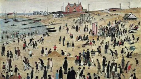 A LS Lowry painting of a crowded beach in the 1930s with lots of people 
