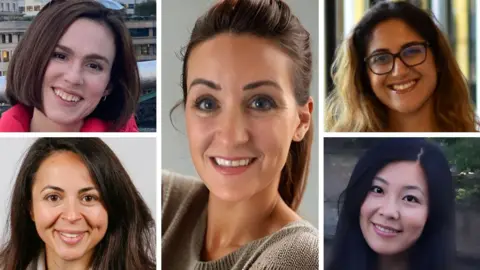 A composite image showing (clockwise from the top left) Emma Yates, Claire Given, Layla Hosseini-Gerami, Binhui Shao and Monica Saavedra