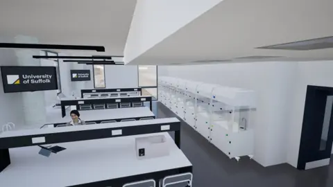University of Suffolk/Concertus Another CGI image of how the new labs could look. It is a smaller room with white tables and chairs. Along one wall there are large pieces of equipment. A woman sits behind one of the tables. 
