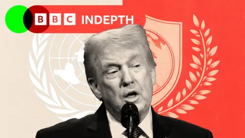 Montage image showing Donald Trump, the UN logo and the Board of Peace crest