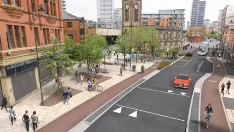 A computer generated image shows pedestrians walking along either side of the road and cyclists riding along cycle lanes. A double decker bus and a number of high rise buildings can be seen in the distance. 