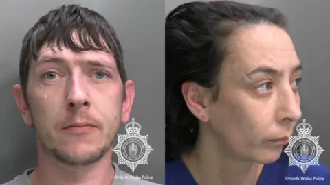 A composite image of Thomas and Kayleigh's police headshots. Thomas, on the left is looking straight at the camera and has short dark hair. He is wearing a grey t-shirt. Kayleigh, on the right is looking away from the camera. She has medium length dark brown hair and is wearing a blue top. 