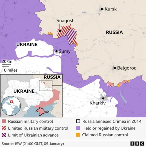 Map showing the limit of Ukraine's advance in the Kursk region