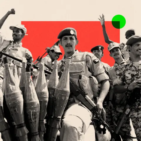 BBC A treated image of some soldiers of Sudan's paramilitary Rapid Support Forces (RSF), some with their arms raised.
