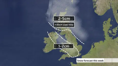 Map of the UK with an area of white shaded across northern Scotland showing snow forecast up to 30cm over hills. Another shaded area from Northern Ireland, Wales, the Midlands and south-east England with 1-2cm snow forecast.