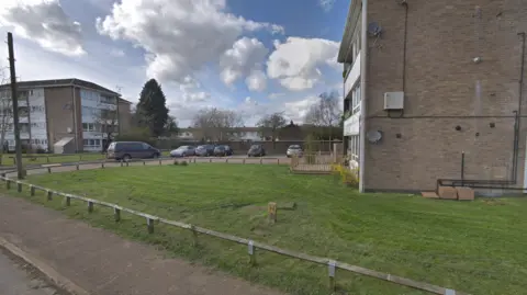 A Google Maps image of blocks of modern built flats in Tadworth, with stretches of grass between them.