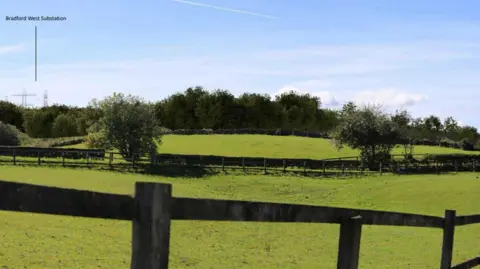 A series of green fields separated by wooden fences and dotted with trees. Behind the treeline an arrow points to the site of a substation, which is hidden by foliage.