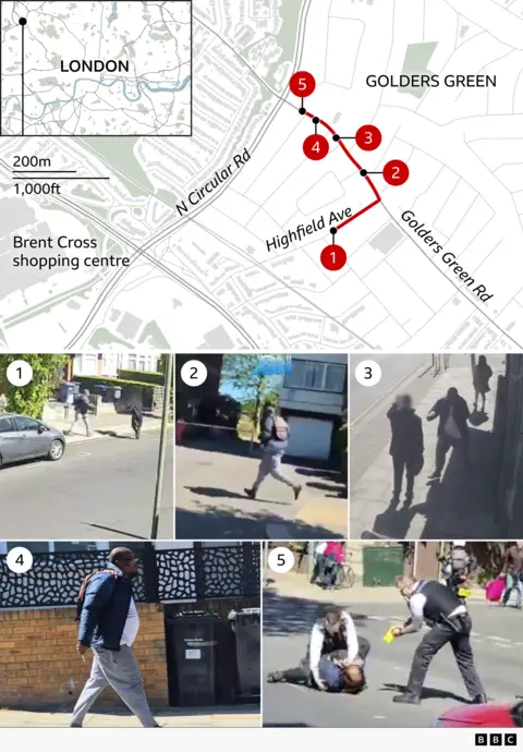A graphic with a map and 5 points marked on it matched to a screengrab from a video corresponding. 1 shows the suspect approaching a man in a black coat and hat on Highfield Road. The rest are on Golders Green Road, heading north-east. 2 shows the attacker jogging, 3 shows the man just before he attacks a man by a bus stop, 4 shows the man walking while carrying a knife and 5 shows him on the ground, with a police officer on top of him and another holding a taser over him.