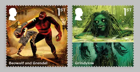 Royal Mail/PA Wire The stamp on the left shows a fight between Beowulf and Grendel and the stamp on the right a Grindylow, with half its head above water and the rest underwater