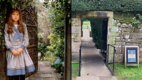 Murray Close/Sygma via Getty Images & BBC/Seb Cheer A composite image showing Kate Maberly, in character as Mary Lennox, standing in the doorway to the Secret Garden in the 1993 film. It also shows the doorway pictured in 2026.