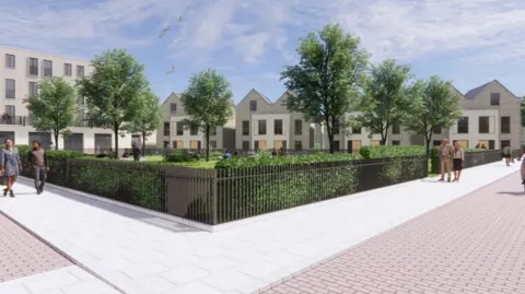 Cheltenham Borough Council A generated image of the new development. There are houses around a patch of grass with trees on it surrounded by railings. There are people walking on the pavement.