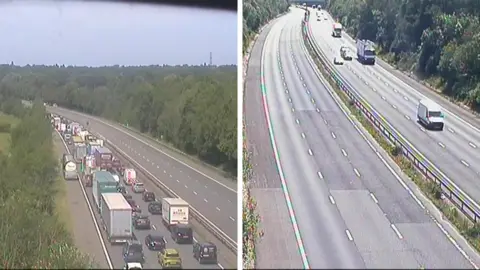 Side by side image of the M40 motorway, showing congestion and traffic building up on one side of the carriageway