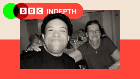 A black and white image of Daniel Lindsay next to a family member