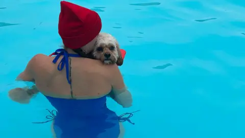 Emma Baugh / BBC A woman in a blue swimsuit with a dog in her hands inside the water