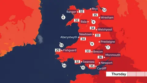 BBC Wales A map of Wales in red with forecasted temperatures for Thursday, which could reach 36C in Monmouth. 
