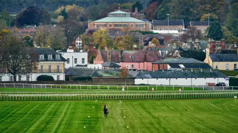 The Newmarket Thoroughbred Racing and Breeding Industry Forum A landscape image of a racecourse against a backdrop of buildings. There is a lone horse rider in the centre of the image. 