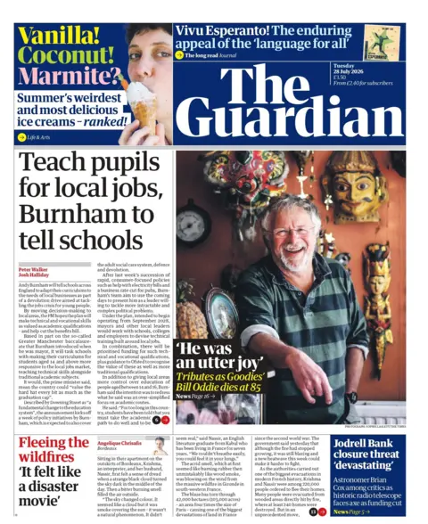 "Teach pupils for local jobs, Burnham to tell schools," reads the headline on the front page of the Guardian. 