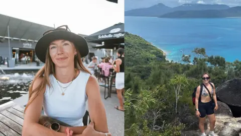 Megan is sitting at a wooden table with her arms crossed on the table. She is wearing a white-vest top and a hat with a large brim. Behind her is a water fountain feature and other people at tables. Megan has long light brown hair. In the next photo, Lauren is standing on a rock outcrop on a hike with a wooded area behind her with a large bay with crystal clear blue water. She is wearing black training shorts and a sports bra with sunglasses.