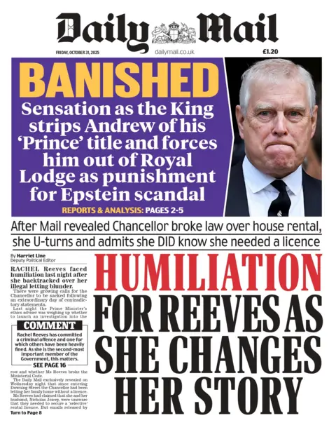 "Humiliation for Reeves as she changes her story" reads the headline on the front page of the Daily Mail.