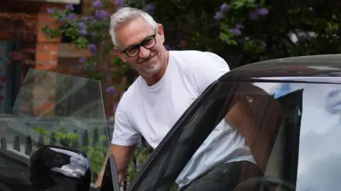 Match of the Day presenter Gary Lineker outside his home in London. Mr Lineker has announced he will leave the BBC after Match of the Day on Saturday.